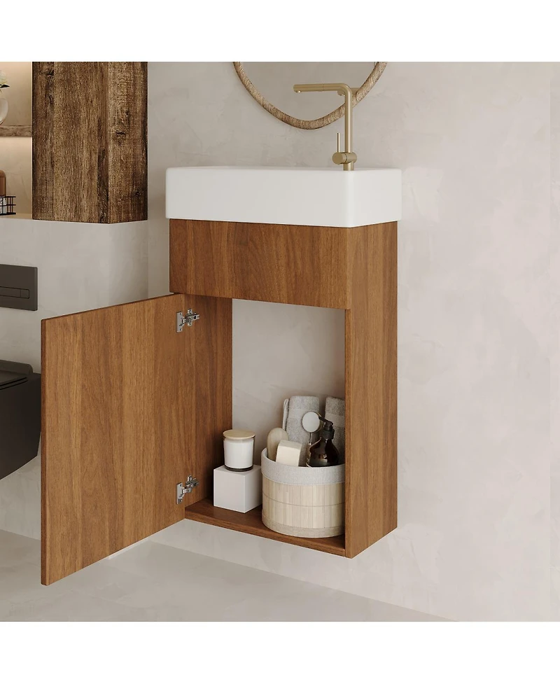 Sillysis 17.6" Small Floating Bathroom Vanity with Ceramic Sink, Walnut Wall Mounted Soft-Close Cabinet for Small Bathroom