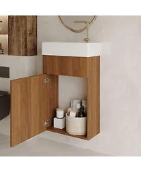 Sillysis 17.6" Small Floating Bathroom Vanity with Ceramic Sink, Walnut Wall Mounted Soft-Close Cabinet for Small Bathroom