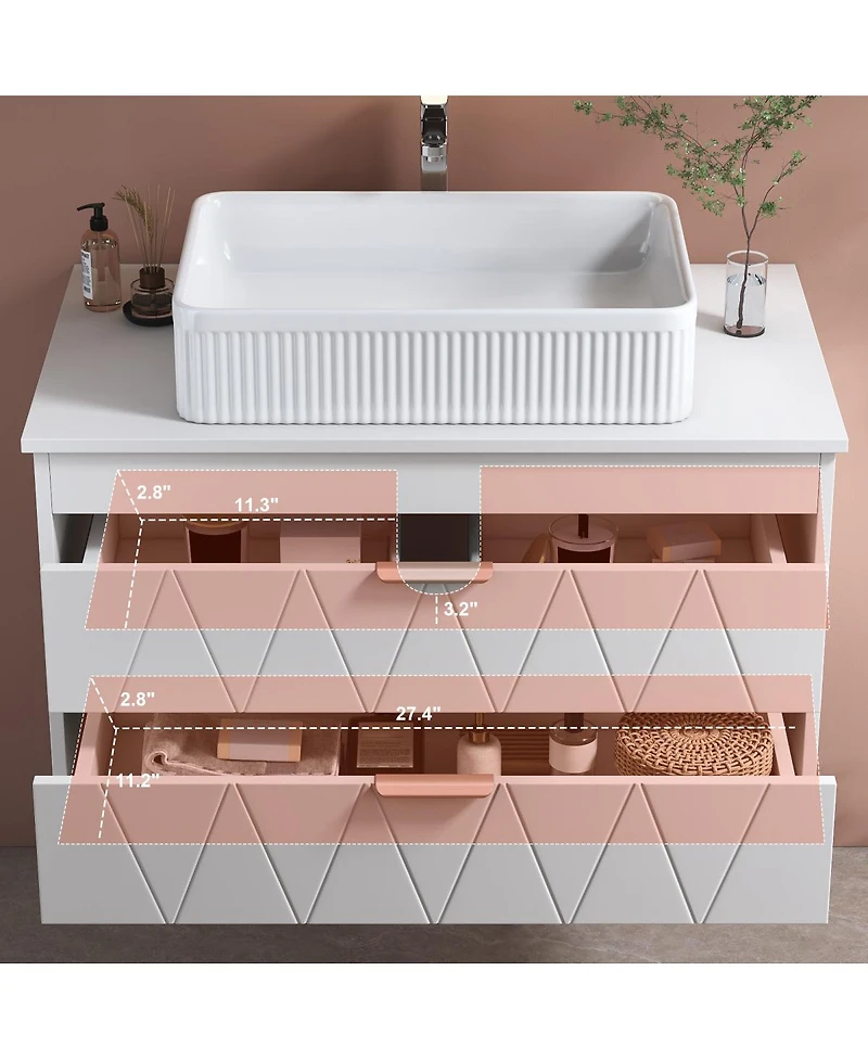 Sillysis Floating Bathroom Vanity with Ceramic Vessel Sink, 2 Soft-Close Drawers, Modern Solid Wood Wall Mounted Cabinet
