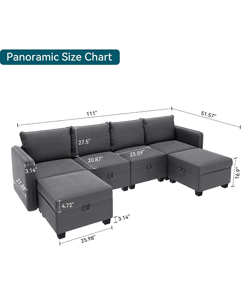 gaomon Modular Sectional Sofa with Large Storage Four Seat Couch with Two Ottomans U Shaped Sofa Chenille Upholstery Wooden Frame Living Room