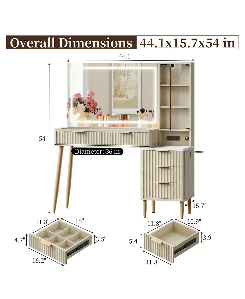 gaomon Modern Fluted Wood Makeup Vanity Desk with Glass Top, 5 Drawers and Charging Station