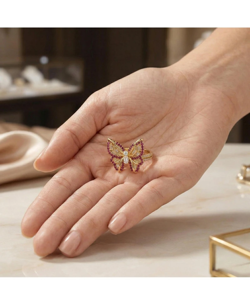 Ra Young Adults/Teens 14k Yellow Gold Plated with Purple & Cubic Zirconia Butterfly Split Top Ring