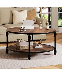 gaomon 31" Round Industrial 2-Tier Wood Coffee Table with Open Storage Shelf