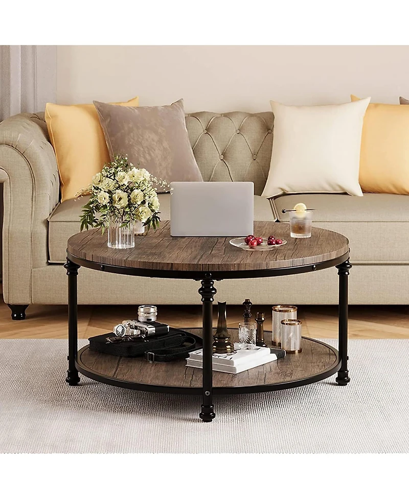 gaomon Round Rustic 2-Tier Wood Coffee Table with Metal Legs and Storage Shelf