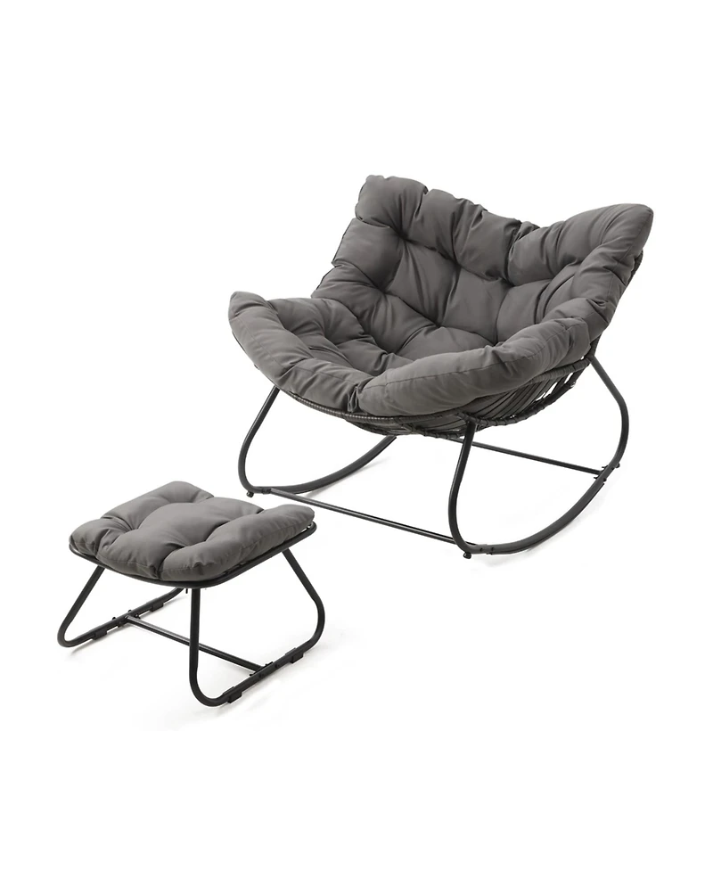 Mondawe Egg Rocking Chair & Ottoman Set with Cushions, All-Weather Wicker Lounge