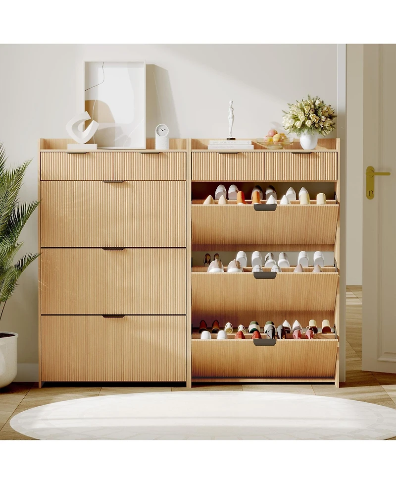 Homfan Modern Natural Shoe Cabinet with 3 Flip Drawers & 2 Small Drawers & Hook, Slim Fluted Shoe Storage Organizer, Narrow Entryway Cabinet