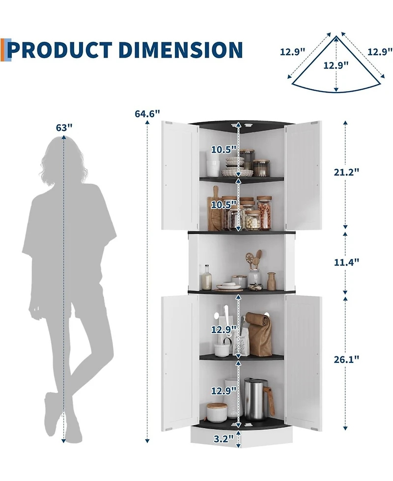 gaomon 64.6" Farmhouse Corner Cabinet with Led Light, Tall Bathroom Cabinet with 4 Barn Doors and 5 Tier Shelves, Freestanding Corner Bar Cabinet