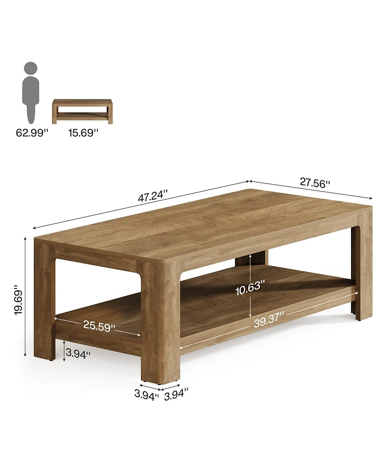 Tribesigns 47.24" Rectangle Coffee Table, 2-Tier Living Room Table with Curved Legs