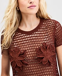 Bar Iii Women's Floral Crochet T-Shirt, Macy's Exclusive