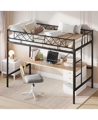 gaomon Twin Loft Bed, Heavy Duty Metal Frame with Arched Guardrail, Flat Ladder Rung, and Steel Slat Support
