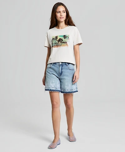 And Now This Women's High Rise Embroidered Denim Shorts, Macy's Exclusive