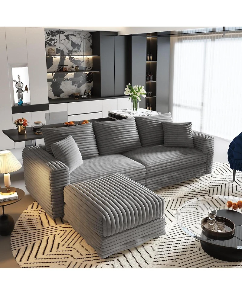 Streamdale Furniture 82.7" Corduroy Movable Ottoman 3 Seat Sofa