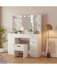 gaomon 56" Farmhouse Makeup Vanity Set with Lighted Mirror, Shelves and Charging Station