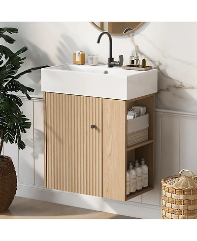 Sillysis 21.6'' Natural Floating Bathroom Vanity with Ceramic Sink, Right Side Storage, Soft Close, Modern Wall Mounted Cabinet