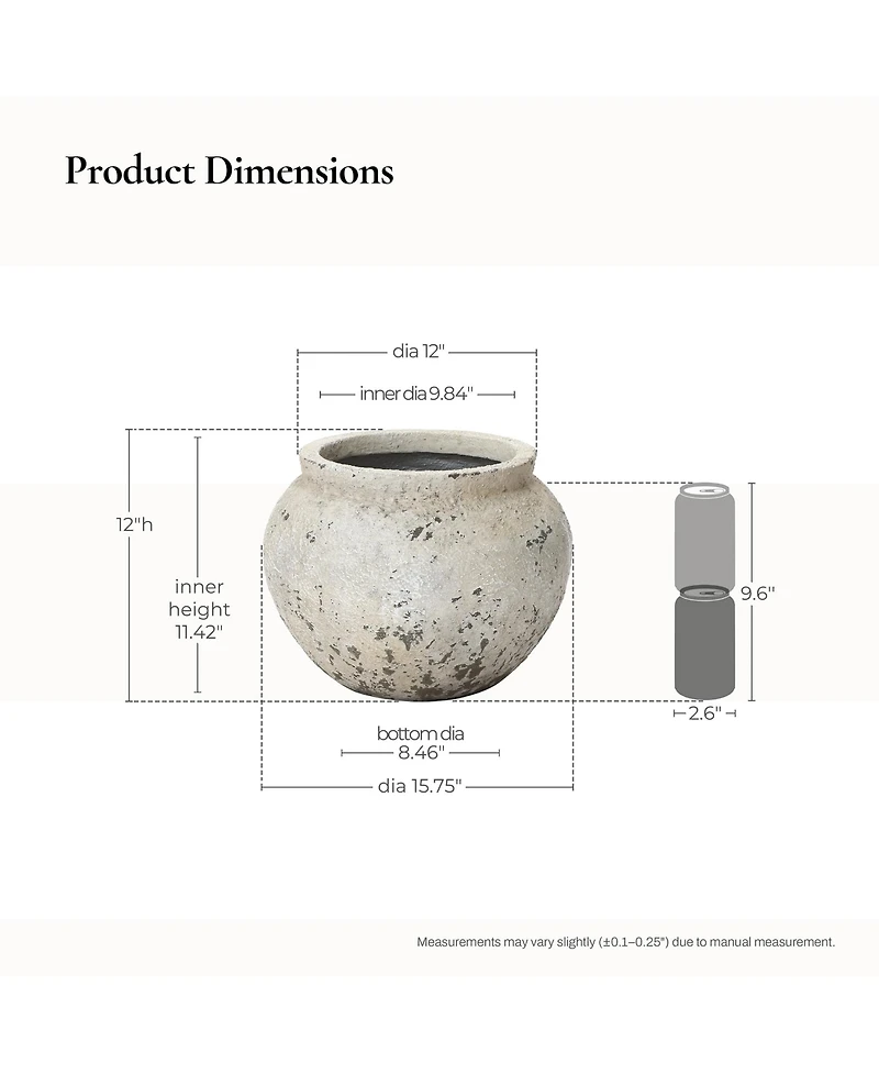 LuxenHome Rustic MgO Planter, 12" Tall x 15.75" Wide Stone-Look Pot for Indoor/Outdoor