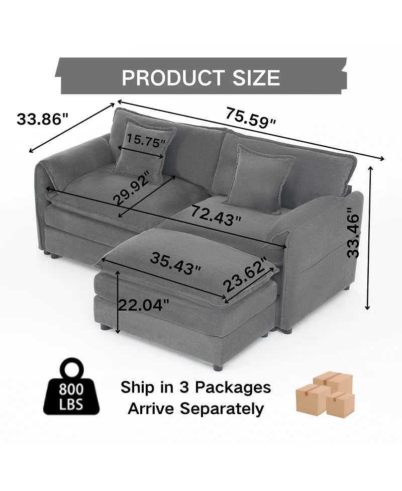 Streamdale Furniture Deep Seat Sectional Sofa Cloud Couch with Ottoman, Modern Chenille Comfy Love Seat
