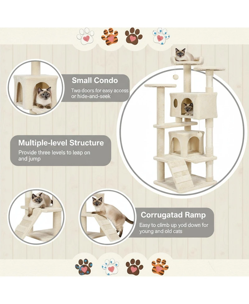 Aronkl Multi-level Cat Tree Tower with Cat-ear Perch 2 Caves Sisal Posts Climbing Ladder Replaceable Balls Pet Activity Center