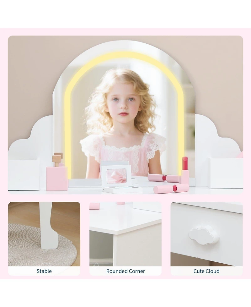 gaomon Kids Vanity Set with Adjustable Lighted Mirror, Stool, Drawer and Shelves