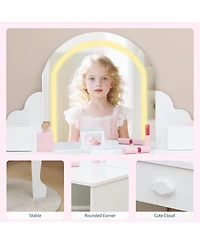 gaomon Kids Vanity Set with Adjustable Lighted Mirror, Stool, Drawer and Shelves
