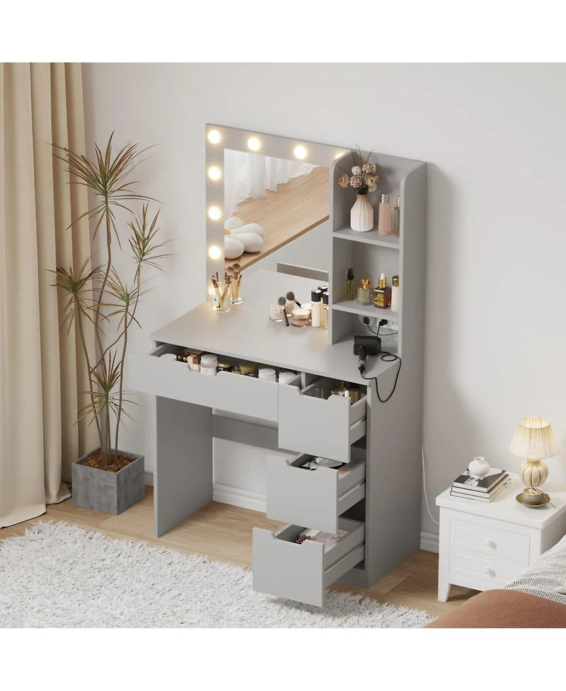 gaomon Modern Makeup Vanity Desk with Built-In Lighted Mirror and 4 Drawers