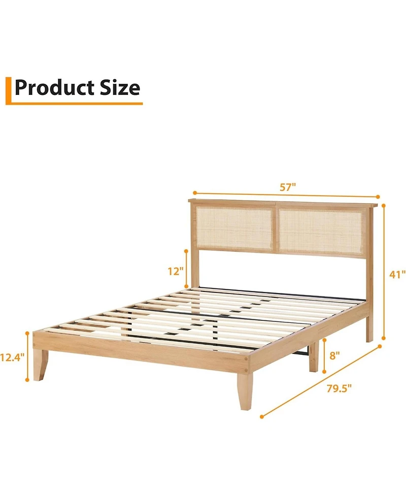 gaomon Full Bed Frame With Rattan Headboard and Led Lights Boho Platform Strong Wood Slats Noise Free No Box Spring