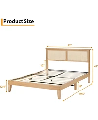 gaomon Full Bed Frame With Rattan Headboard and Led Lights Boho Platform Strong Wood Slats Noise Free No Box Spring
