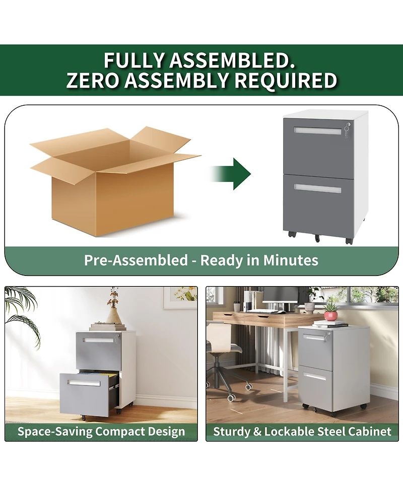 Rainsken 2-Drawer Mobile File Cabinet with Lock, Metal Storage Cabinet on 360° Wheels for Home Office Organizer, Holds A4/Letter/Legal Files