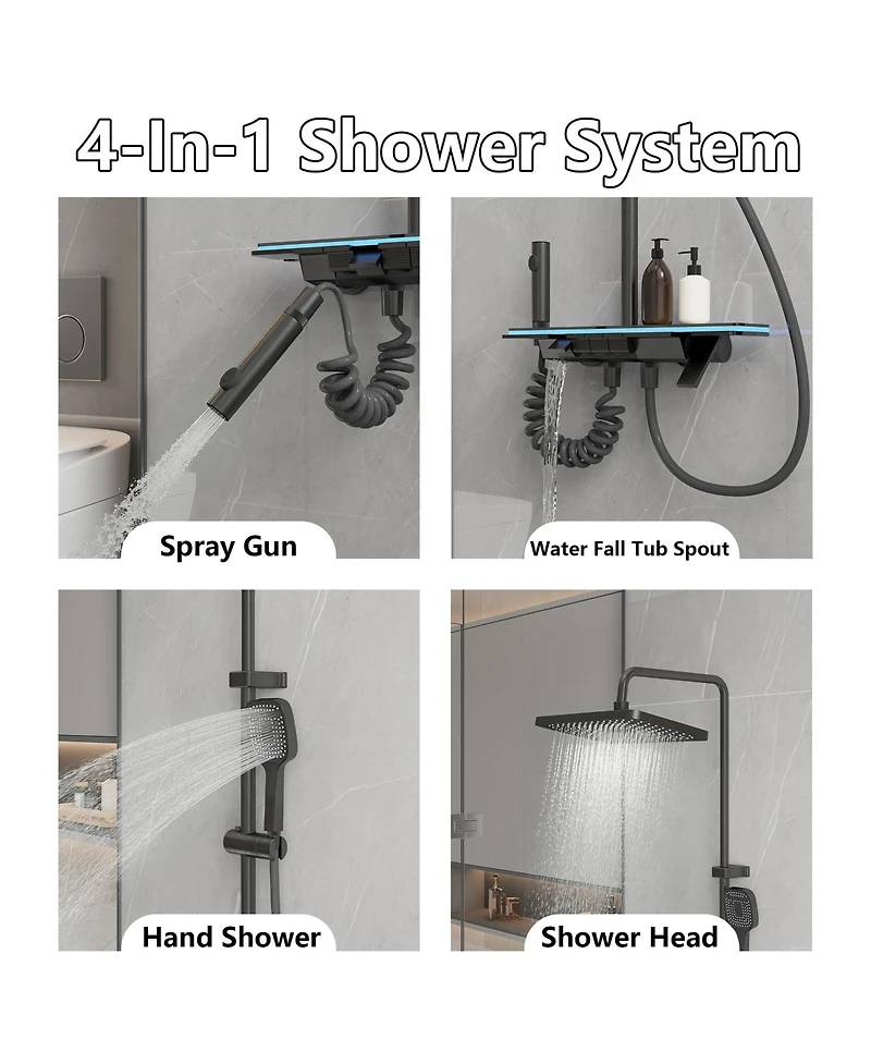 Lalahoo 3-Spray Shower Faucet 2.5 Gpm with Piano Button Control, Led Temperature Display and Ambient Light