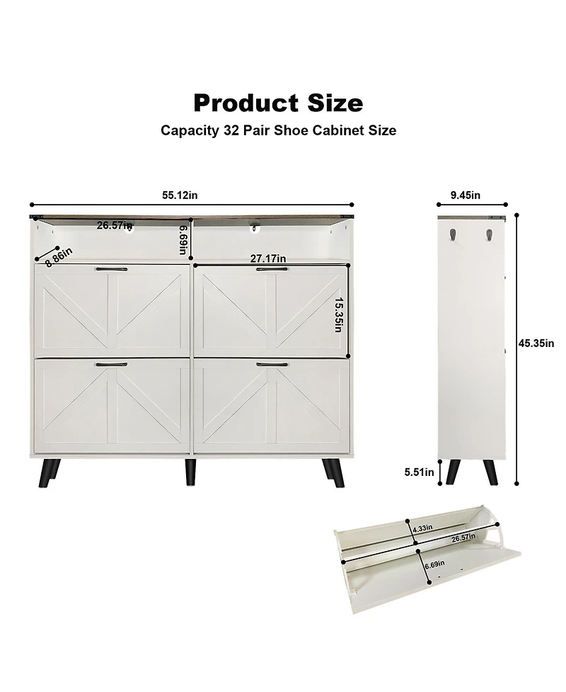 Homfan Shoe Cabinet with 4 Flip Drawers & Barn Door, Freestanding Hidden Slim Narrow Shoe Storage Organizer with Open Shelves, for Entryway, Foyer