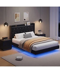 gaomon Floating Bed Frame with Led Lights, Velvet Upholstered Platform, Storage Headboard
