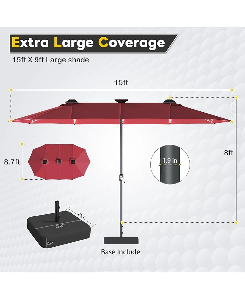 Aecojoy 15ft Double-Sided Patio Umbrella with Solar Lights with Base Include Crank Handle|156 Piece Led Lights