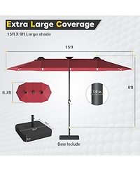 Aecojoy 15ft Double-Sided Patio Umbrella with Solar Lights with Base Include Crank Handle|156 Piece Led Lights