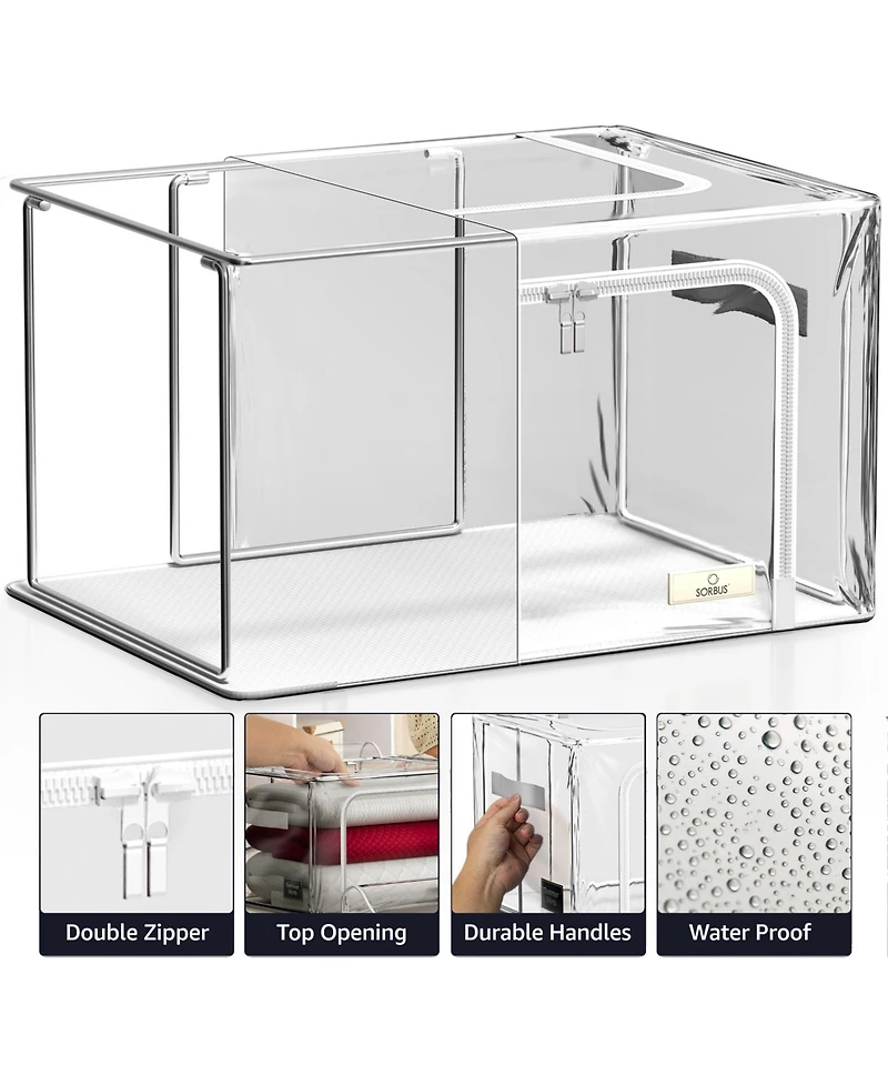 Sorbus Foldable Clear Plastic Storage Bags with Metal Frame & Carry Handles for Bedding Linen & Clothing