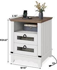 gaomon Farmhouse Nightstand with 2 Drawers, Open Cubby and Charging Station