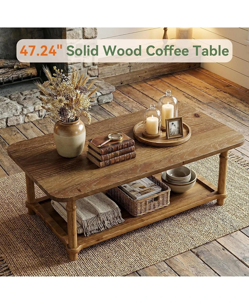 Tribesigns 47" Rectangle Coffee Table, Solid Wood Center Table with 2-Tier Storage