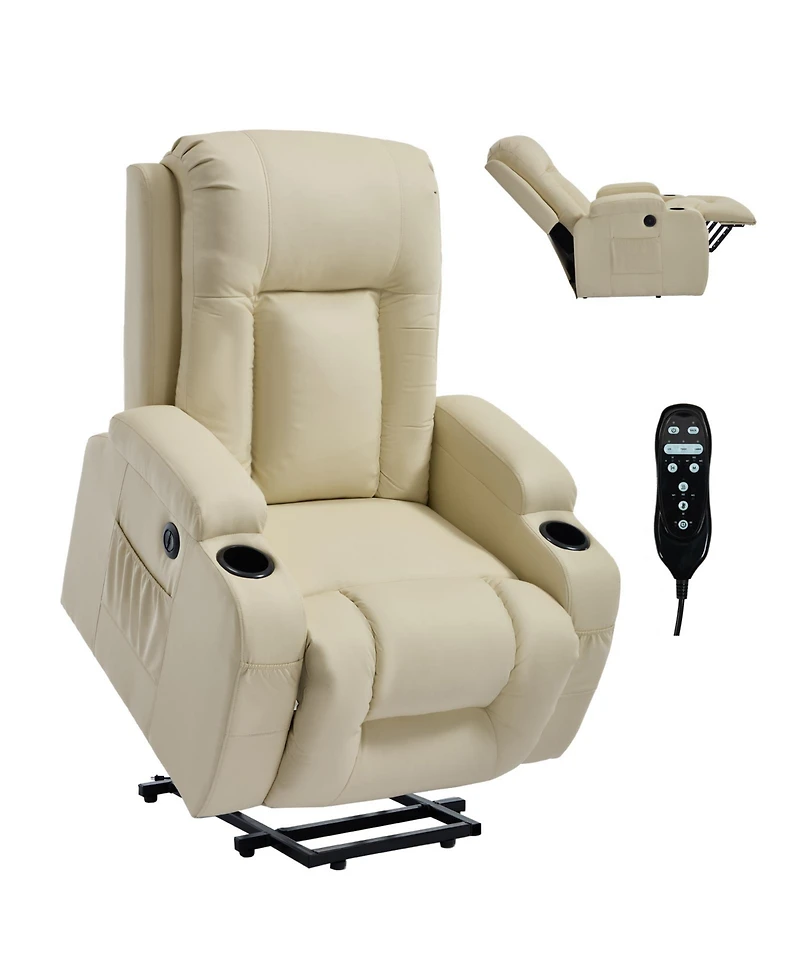 sumyeg Pu Power Lift Recliner 350LB capacity 8-point massage lumbar heat with Usb port and cup holders