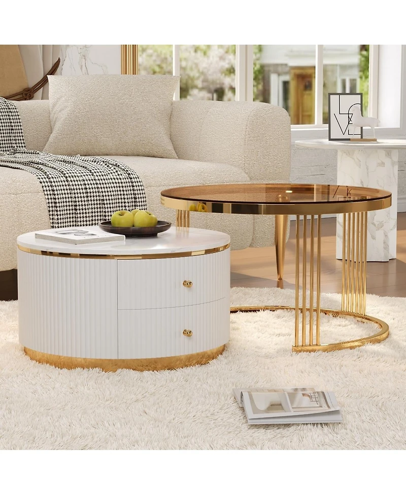 Streamdale Furniture Modern 2-Piece Round Nesting Coffee Table with Drawers & Glass Top