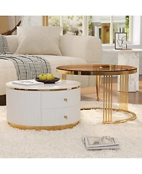 Streamdale Furniture Modern 2-Piece Round Nesting Coffee Table with Drawers & Glass Top