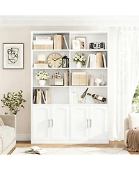 Yigii Bookshelf with Doors 6 Tier Double Wide Tall Storage Cabinet Open Display Shelves