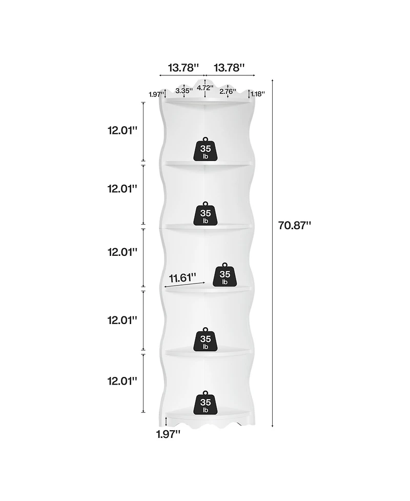Tribesigns White Corner Shelf, 70.8-Inch Tall Modern Free Standing Corner Bookshelf, 5-Tier Display Corner Bookcase