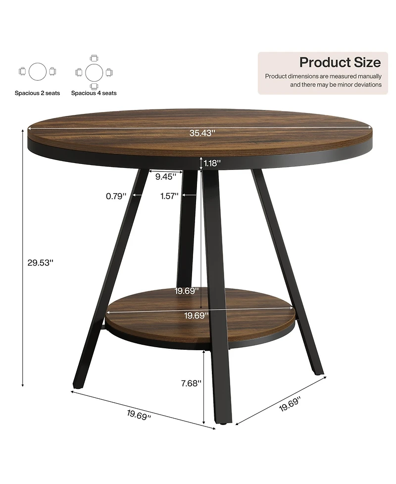 Tribesigns 2-Tier Industrial Round Dining Table, Small Kitchen Dinner Table for 2-4 People, 35-Inch Circle Wood Kitchen Table