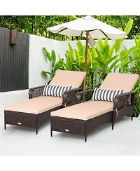 Gymax Set of 2 Pe Rattan Chaise Lounge Chair Armrest Recliner Adjustable Pillow