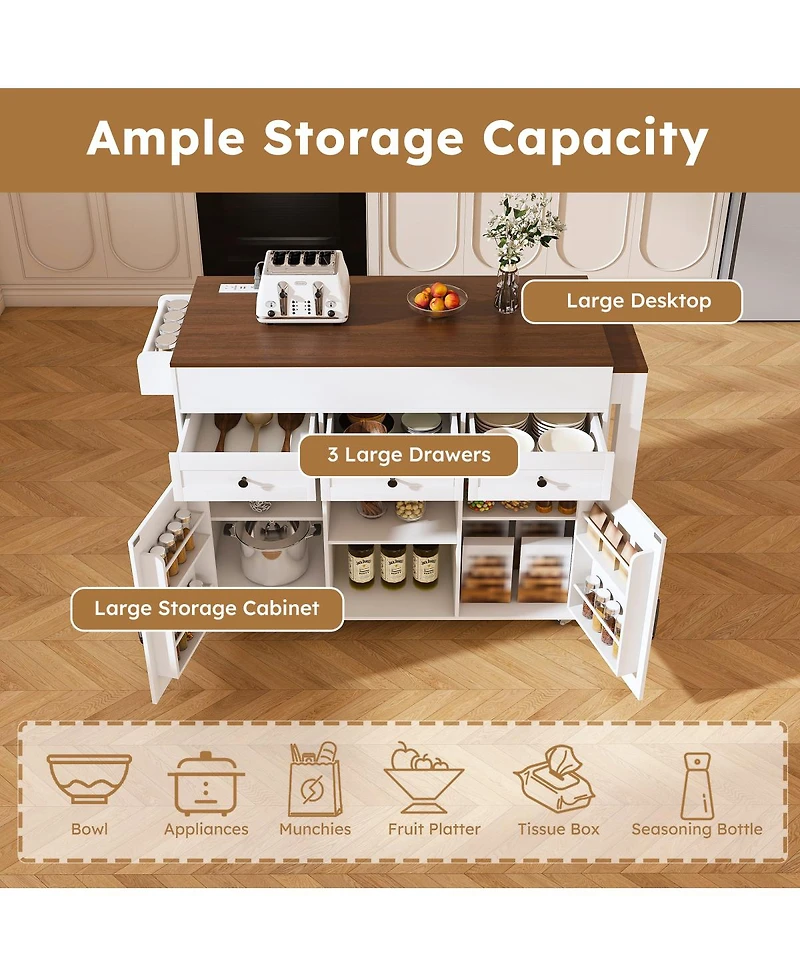 Streamdale Furniture 74.8" White Kitchen Island with Extendable Table, Power Outlet & Storage
