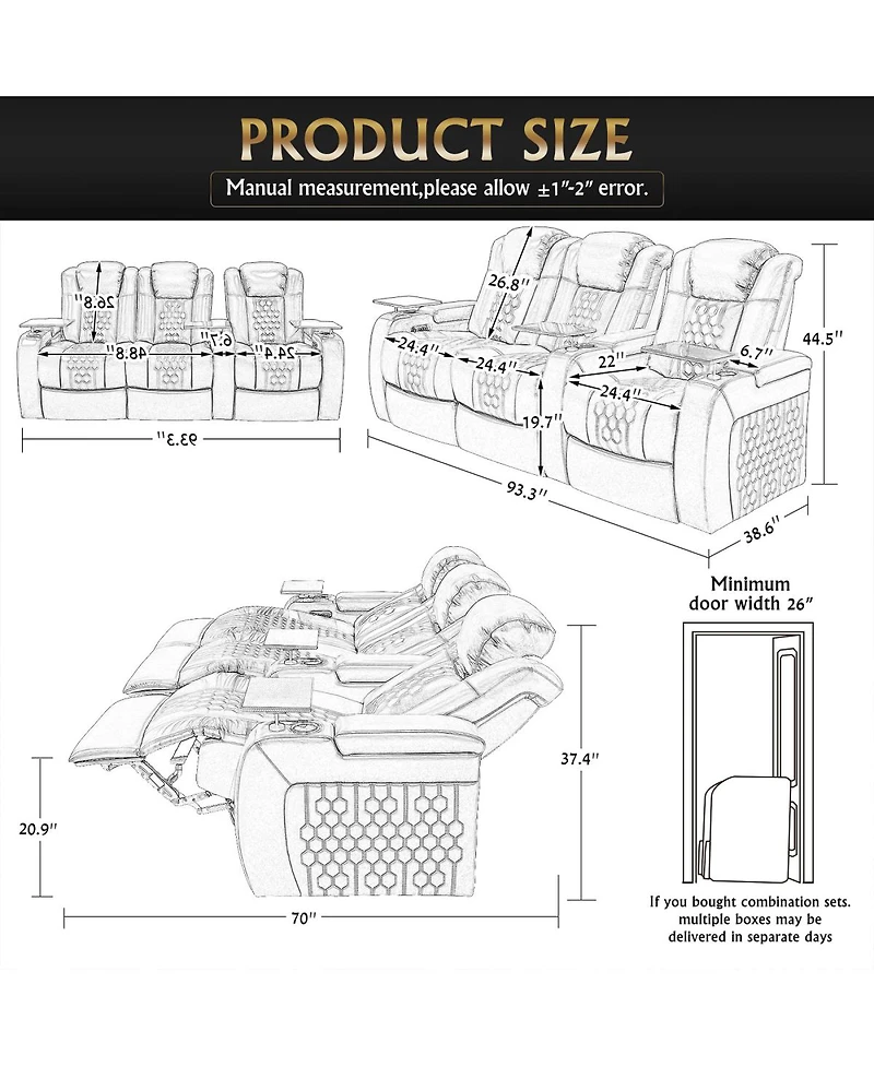 Streamdale Furniture 93.3" Power Recliner 3 Pc, Top-Grain Nappa, Smart Charging