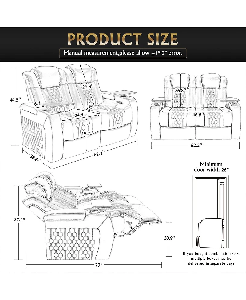 Streamdale Furniture 62.2" Power Recliner 2 Pc, Top-Grain Nappa, Smart Charging, Rgb Led