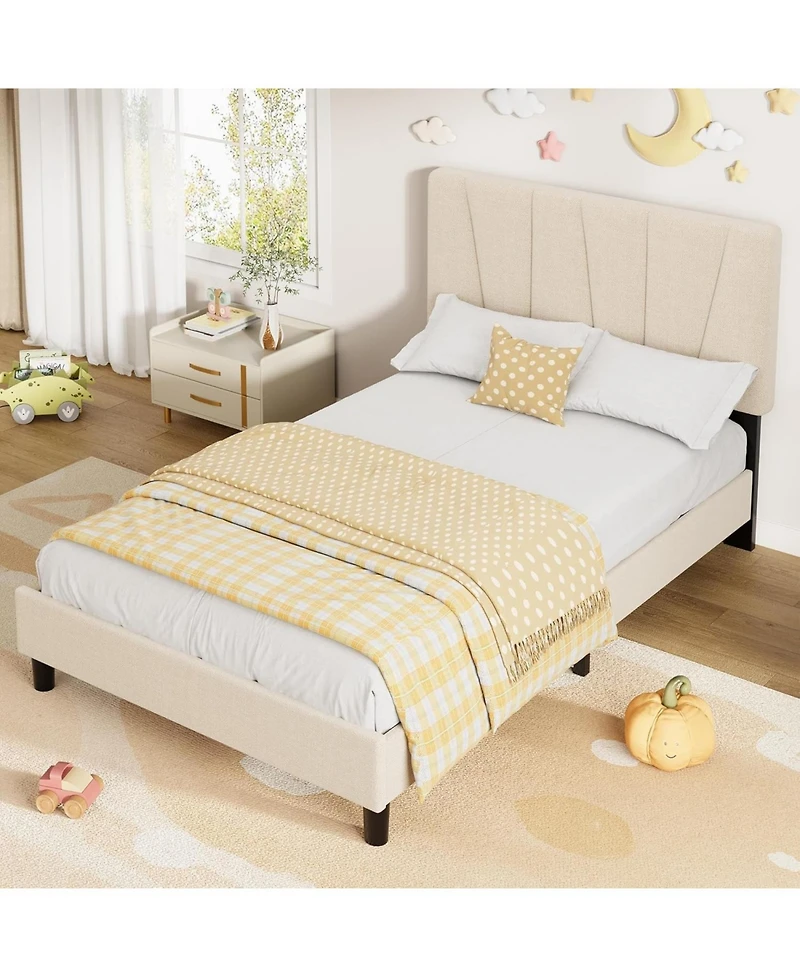 gaomon Bed Frame with Adjustable Headboard, Linen Upholstered Platform Bedframe with Strong Wooden Slats, Mattress Foundation