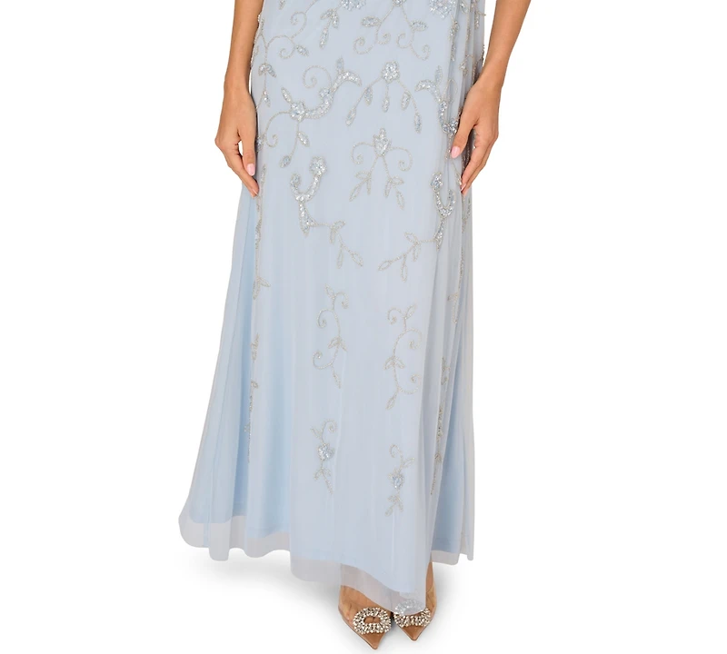 Adrianna Papell Women's Boat-Neck Short-Sleeve Beaded Blouson Gown