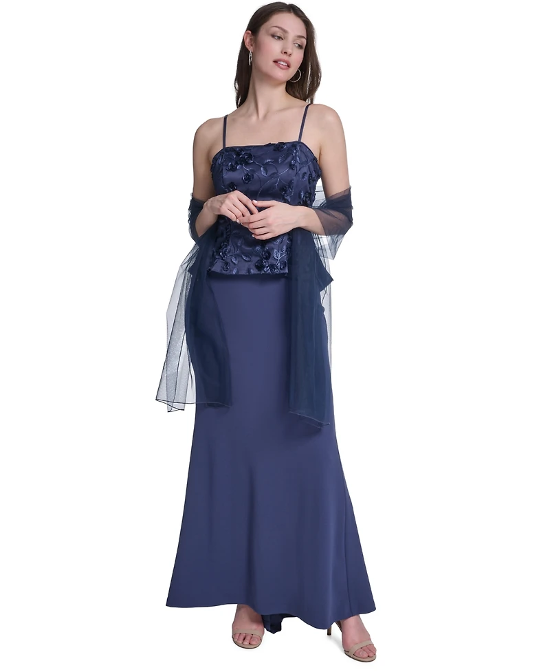 Eliza J Women's Spaghetti Strap Combo Overlay Top Mermaid Gown