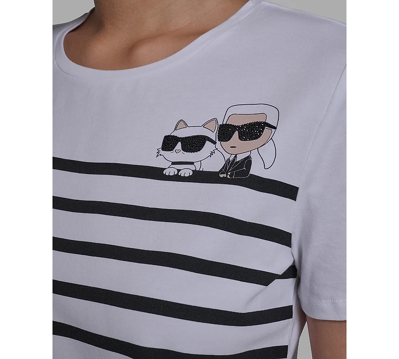 Karl Lagerfeld Paris Women's Short-Sleeve Striped Logo T-Shirt