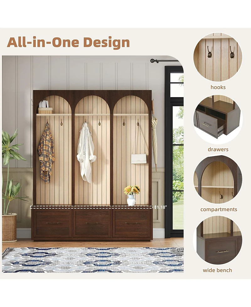 Streamdale Furniture Farmhouse Arched Hall Tree Bench with Drawers